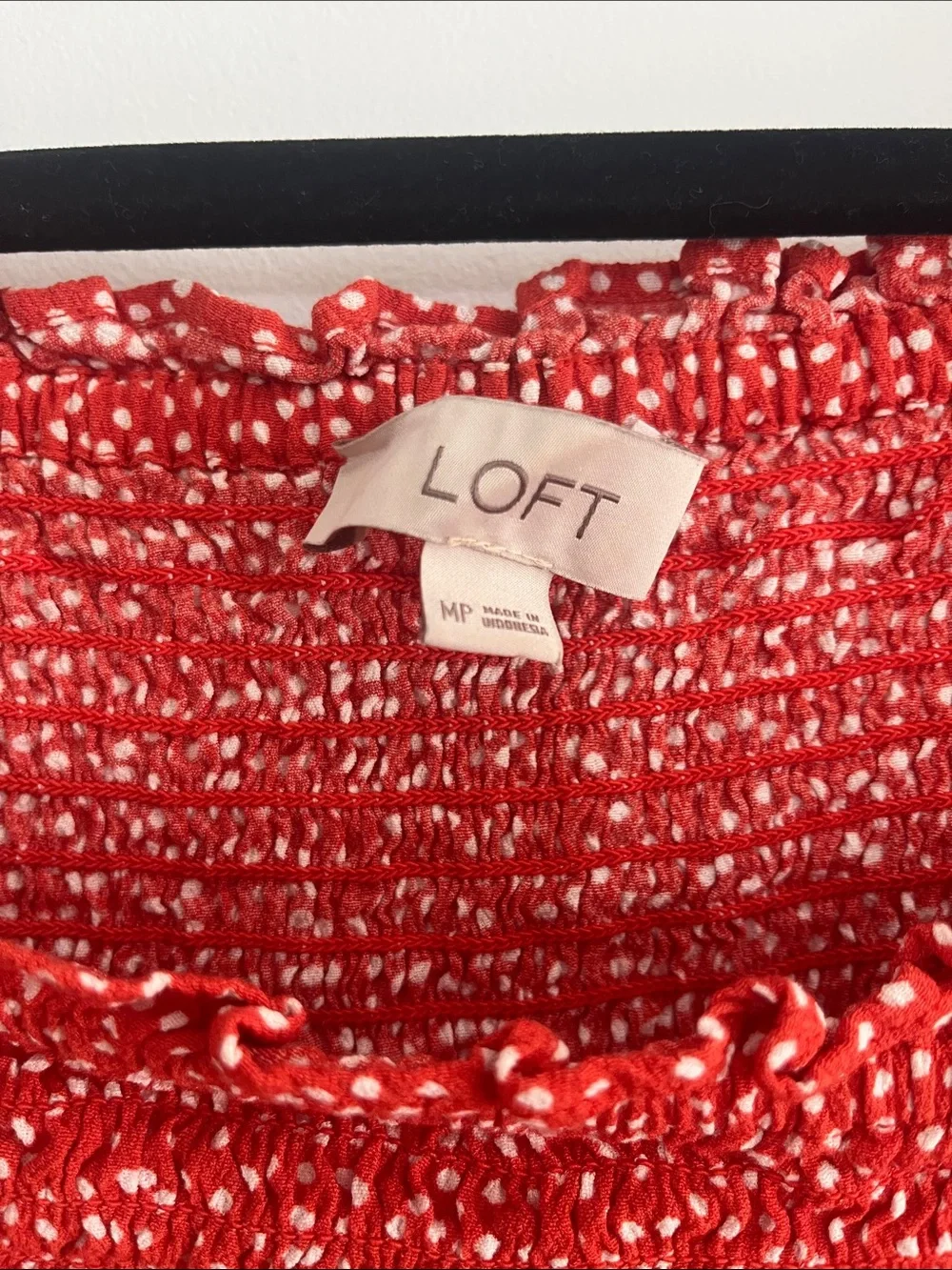LOFT Red Puff-Sleeve Square Neck Blouse with White Dot Print
